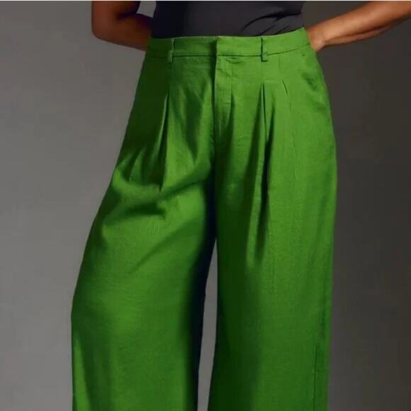Maeve Pants Womens 0 The Avery Pleated Wide Leg Trousers Green Linen Blend Work - Picture 3 of 15